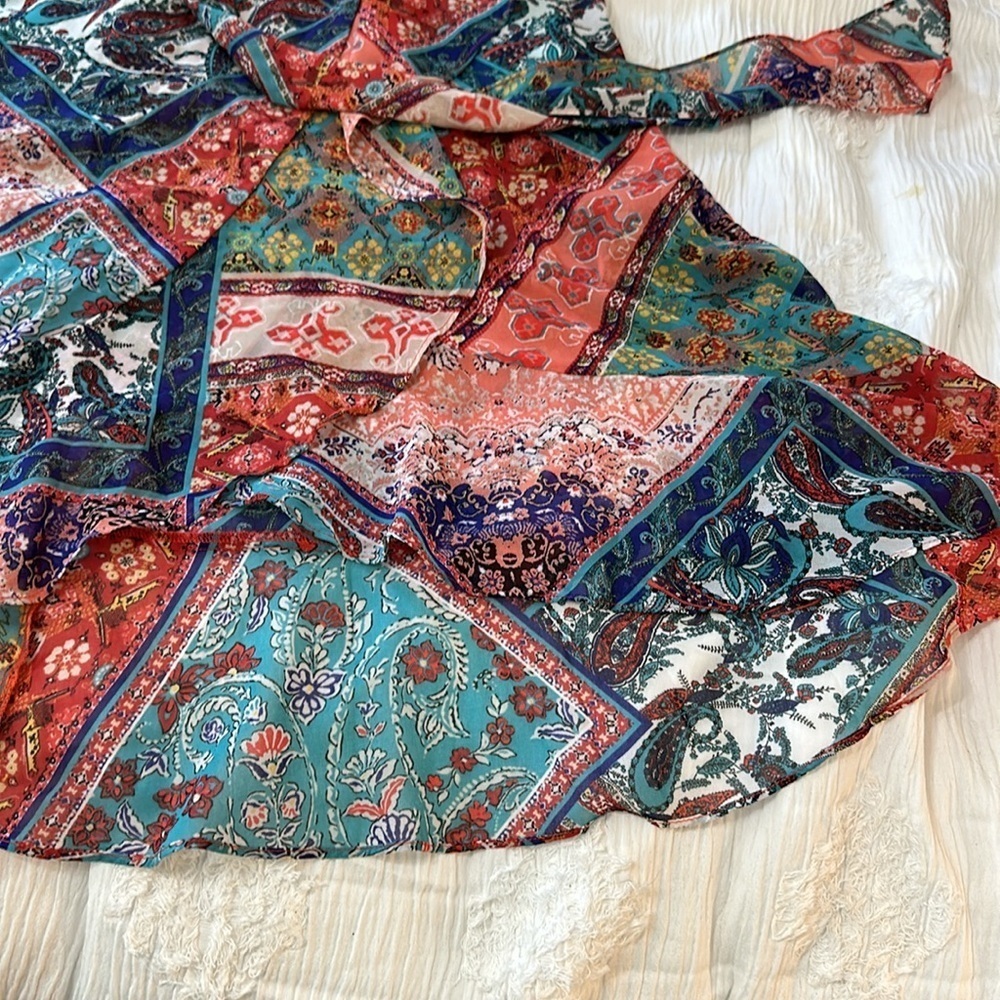 One World Woven Chiffon Ruffle Mixed Patchwork Knit Lined Midi Dress Women's XL - Picture 5 of 10